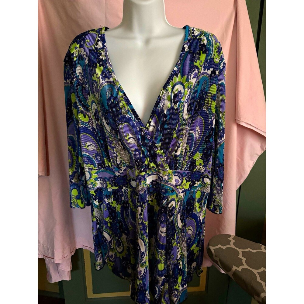 Goddess Women’s Plus Size 1X Paisley V-Neck Pleated 3/4 Sleeve Knit Blouse